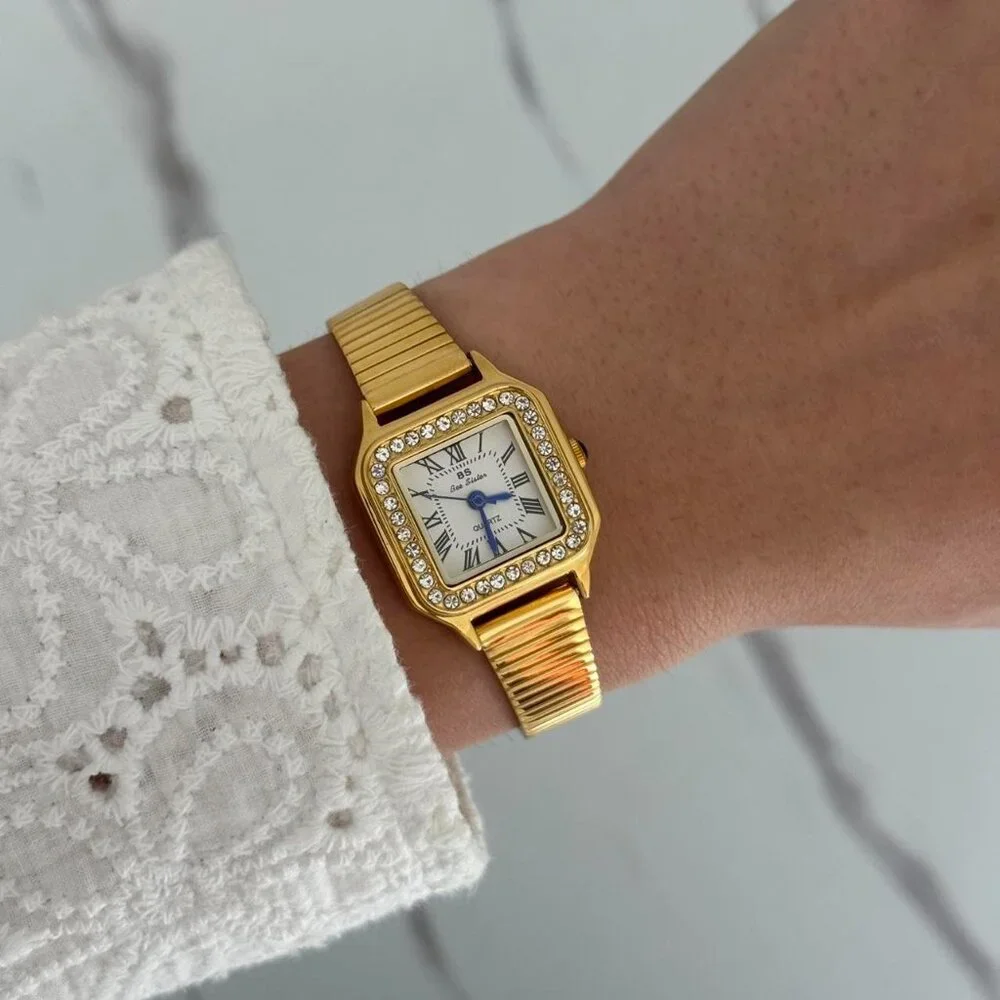 Sku0414 Retro Gold Zircon Gemstones Women Square Watch Stainless steel +gift bag